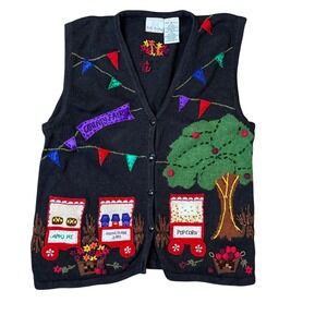 Bobbie Brooks Vintage County Fair Embroidered Sweater Vest Black Medium BB279